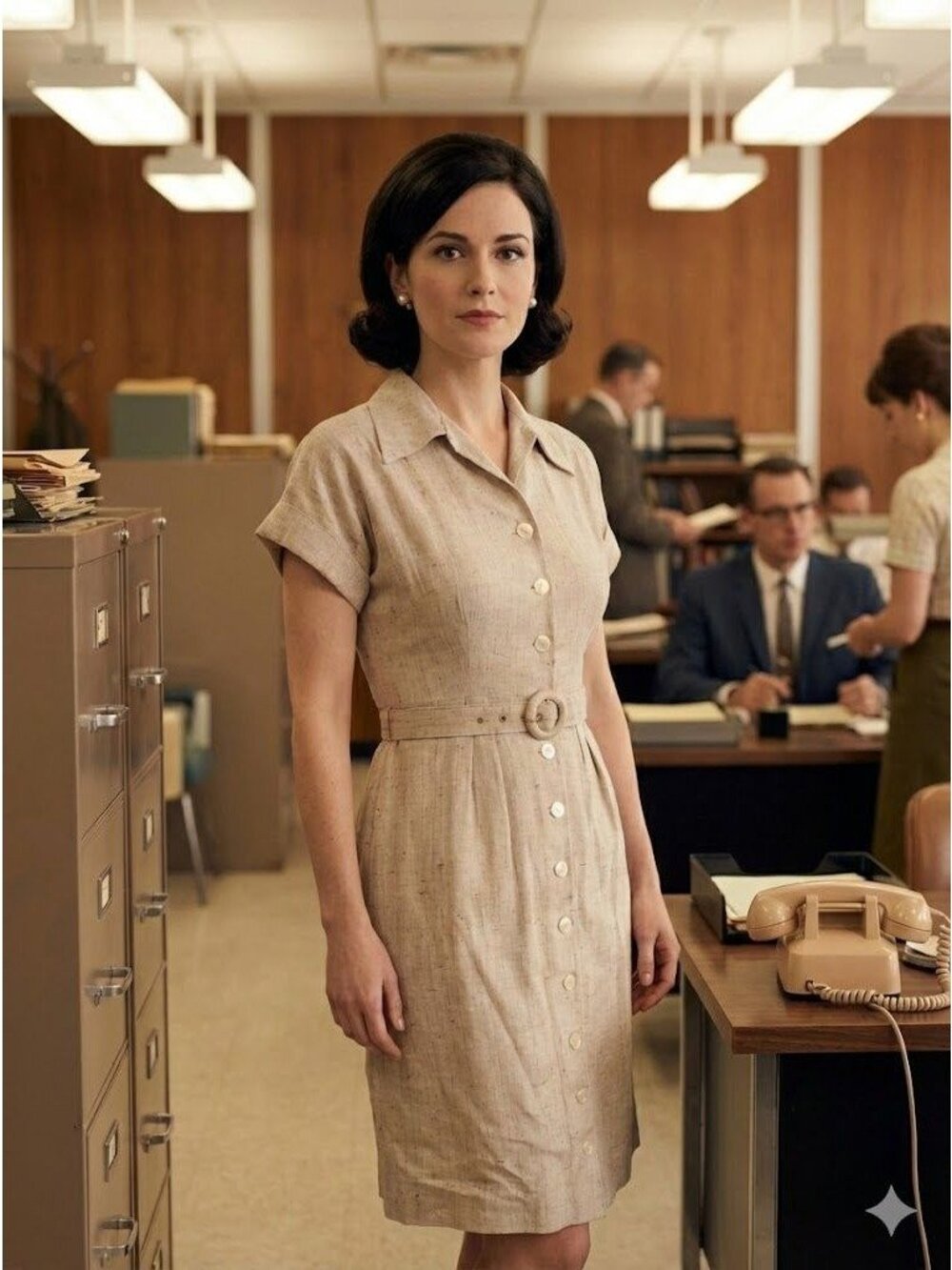 Vintage 1960s Tan Khaki Cotton Button Down Sheath Dress Mod Office Mad Men Small
